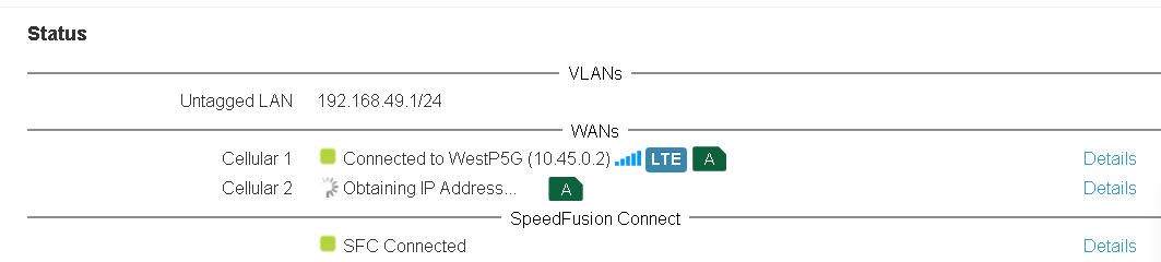 Peplink router status page showing Cellular 1 connected to WestP5G
